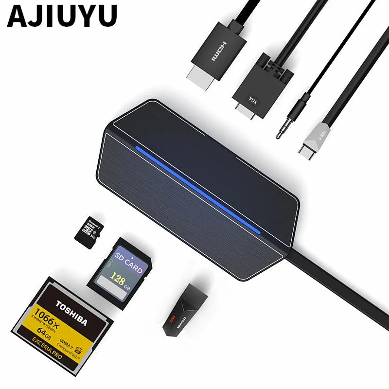 AJIUYU Thunderbolt 3 к HDMI VGA преобразователь Type-c HUB RJ45 SD Card Reader PD USB3.1 для ноутбуков DELL G3 15/17/New
