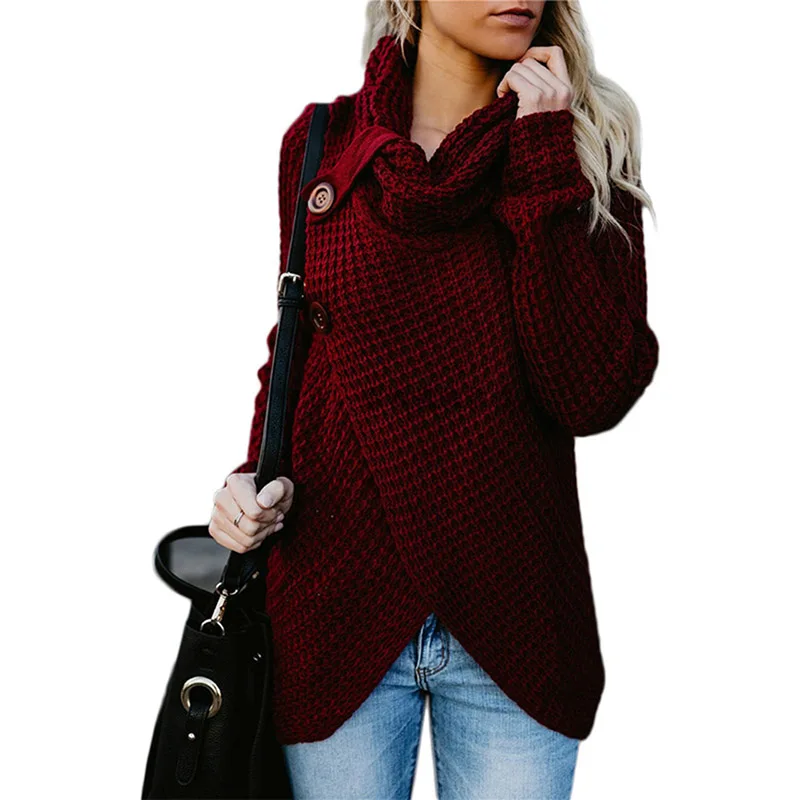 

Women Knitted Sweater Long Sleeves Irregular Hem Button Loose Tops for Autumn BMF88