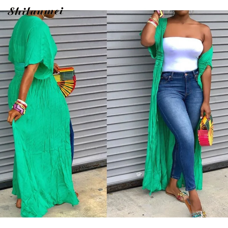 

Летний длинный хлопковый кардиган, свободный, 2019, однотонные, уличная мода, короткий рукав, отложной воротник, блузки, кардиган, женские топы