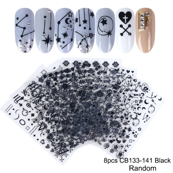 8pcs CB133-141 Black 3D наклейки со звездами и цветами, наклейки для ногтей, клейкие накладки, черно-белые буквы, слайдер для дизайна ногтей, 3D аксессуары, украшения CHCB133-141 - Цвет: 8pcs CB133-141 Black