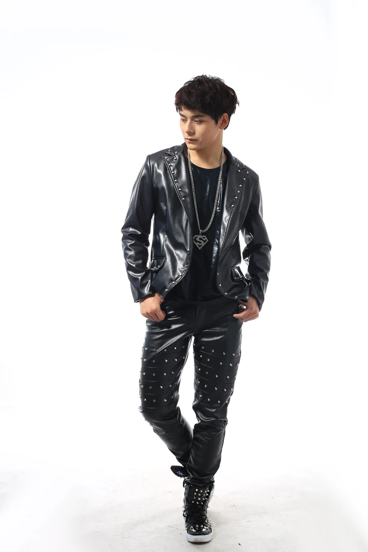 Мужские кожаные костюмы дизайнерские мужские для сцены певцов Мужской Блейзер