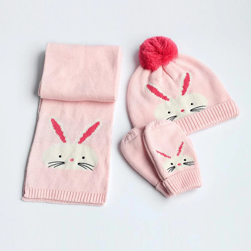 Зимняя детская шапка шарф варежки модные вязаные детские шапки с кроликом шарфы