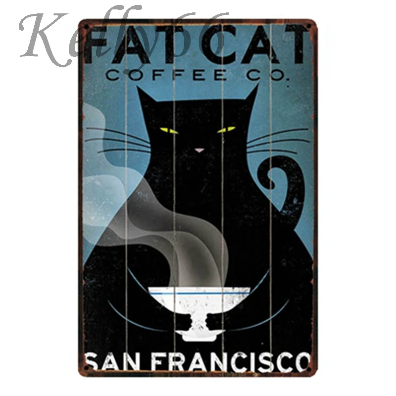 

[ Kelly66 ] Fat Cat Coffee Metal Sign Tin Poster Home Decor Bar Wall Art Painting 20*30 CM Size y-1564