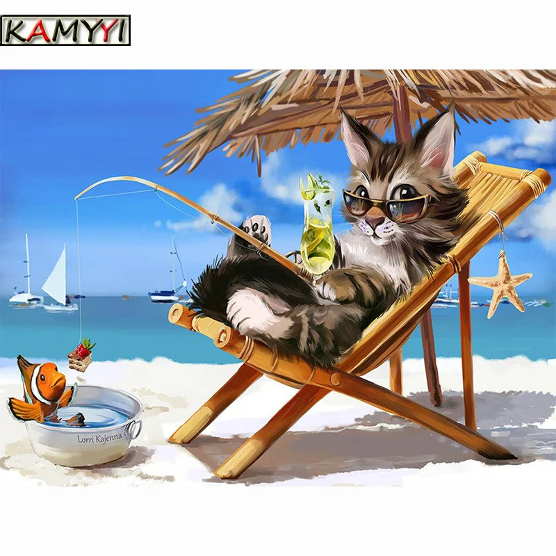 5D DIY Алмазная вышивка картина пляжные кошка-Рыболов Вышивка крестом полная