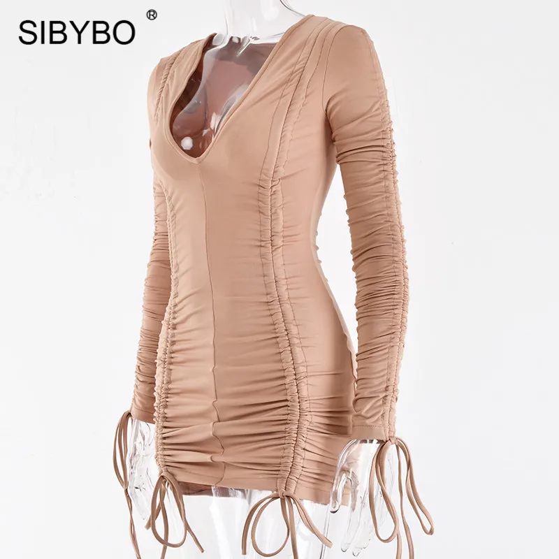 SIBYBO, Осеннее Плиссированное сексуальное мини-платье с длинным рукавом, модное облегающее Повседневное платье с v-образным вырезом, женские уличные облегающие вечерние платья
