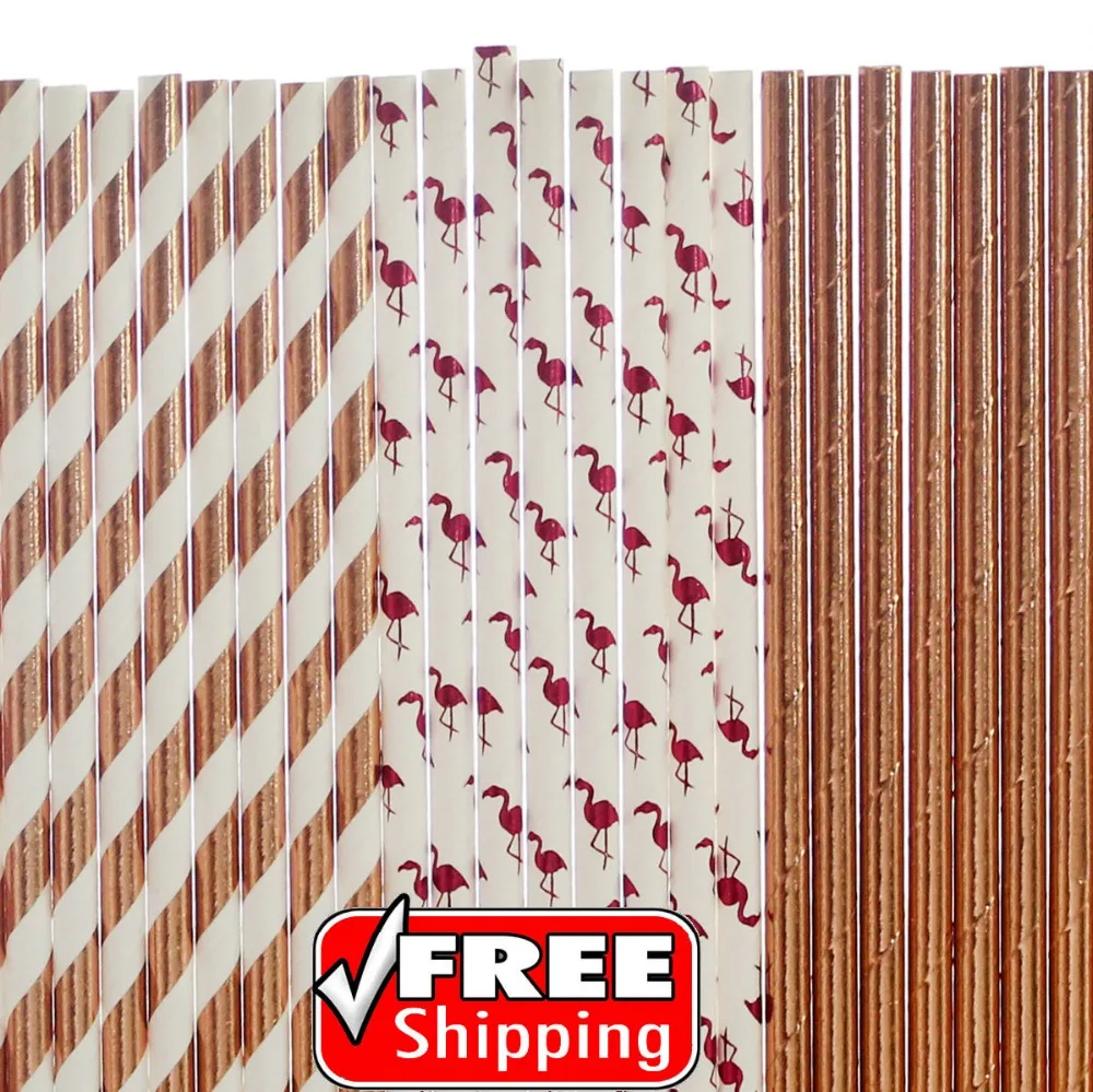 

150pcs Mixed 3 Styles Rose Gold Hot Pink Foil Themed Paper Straws-Flamingo,Plain,Solid Color,Stripe-Girls First Birthday Party