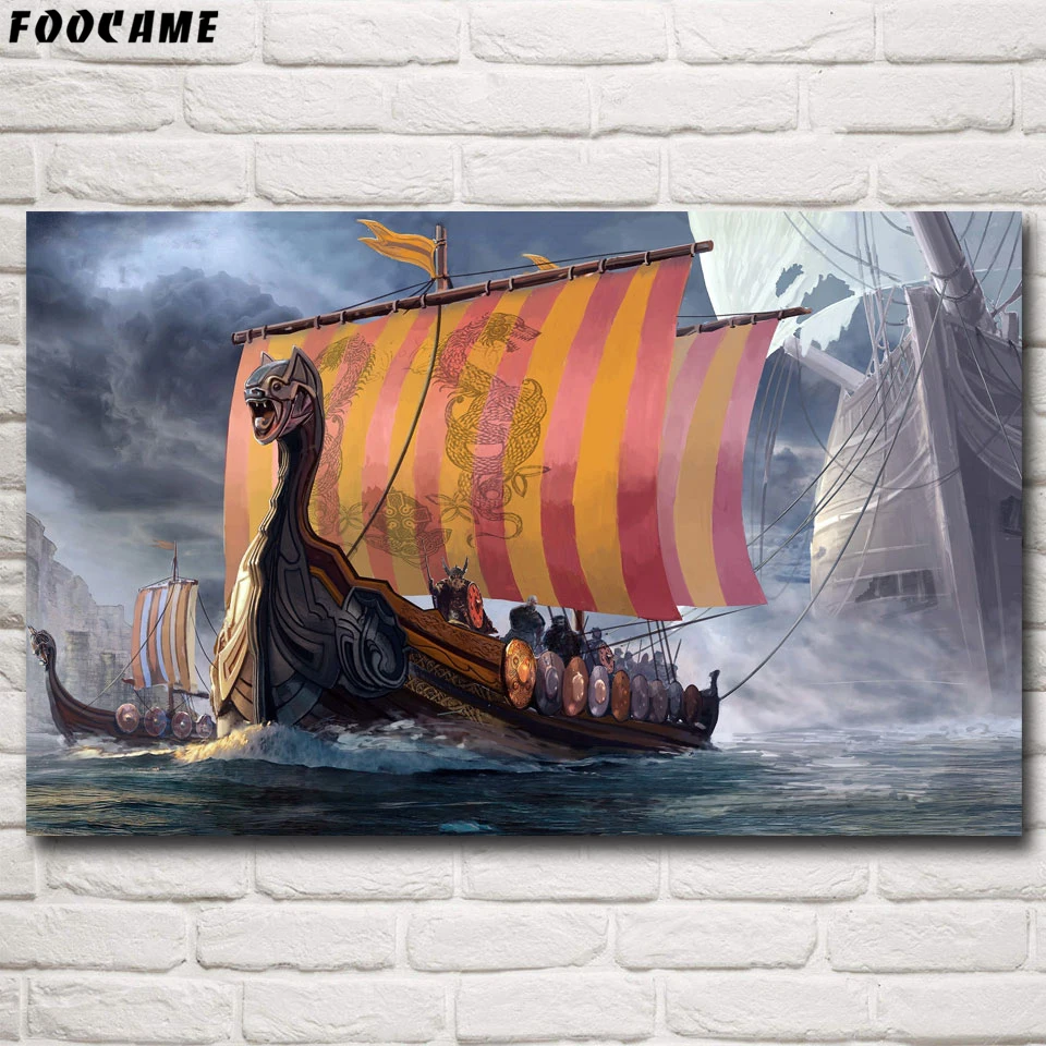 Foocome Vikings Longships ТВ сериал постеры и принты украшение из шелка роспись стены