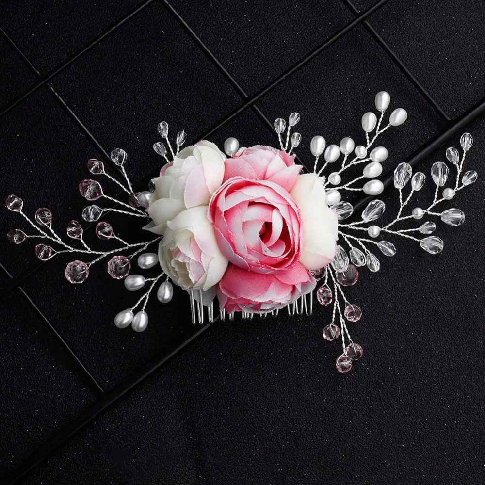 

Женский гребень для волос с жемчугом, свадебное Ювелирное Украшение для волос с розовыми цветами и кристаллами, свадебная тиара ручной рабо...