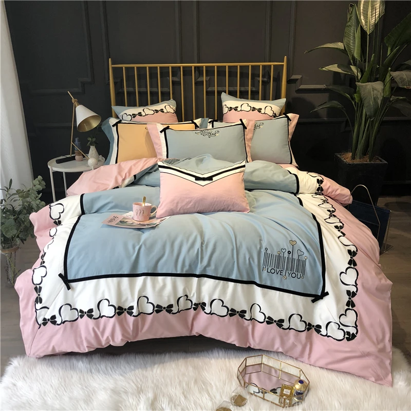 

New 100% cotton Sanding Printed Flower Plaid Bedding sets Queen King Wedding Duvet cover Bed sheet set Pillowcases 4pcs pink