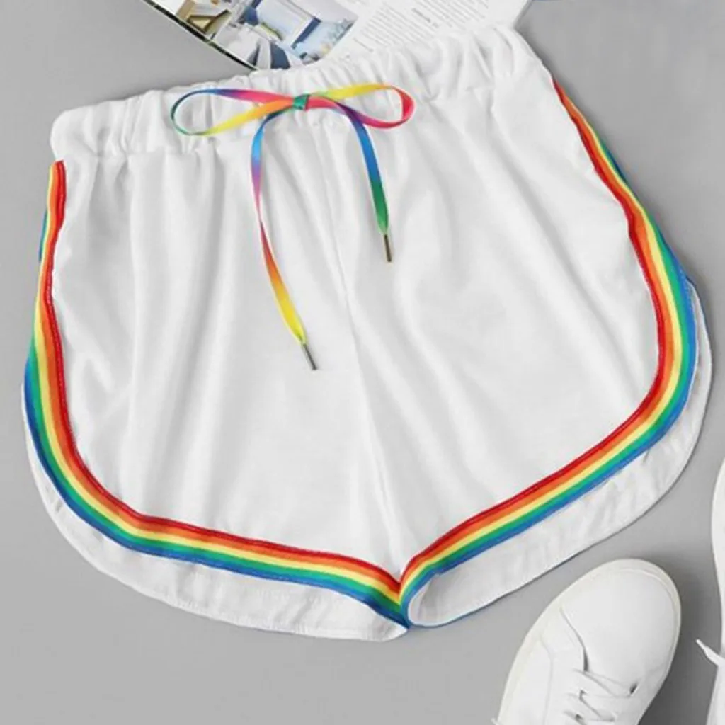 Women Rainbow Print Lace Up summer shorts High Elastic Waist Sashes sports shorts women Casual pantaloncini donna