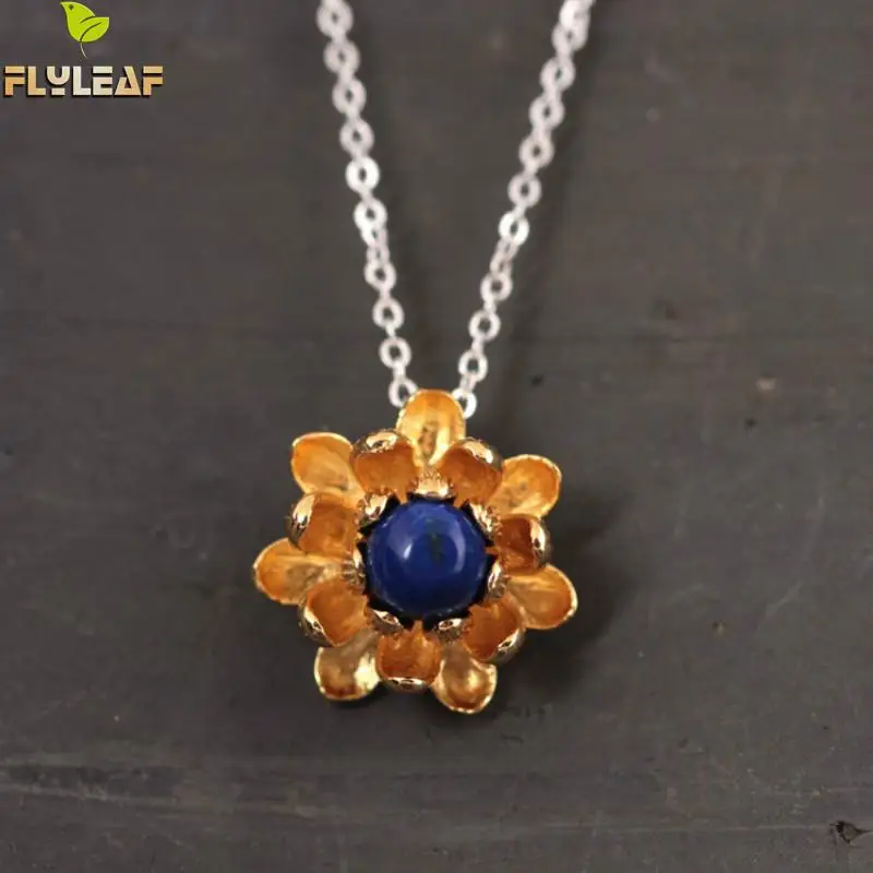 Женское ожерелье с подвеской в виде цветка лазурита Стерлинговое Серебро 925