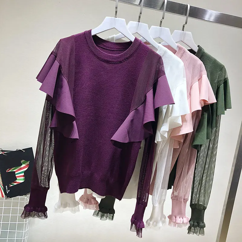 MAXDIROO Women Sexy Lace Ruffles Patchwork Pullover And Sweater Female Fashion Jumper Top Sueter Mujer See Through Sleeve | Женская