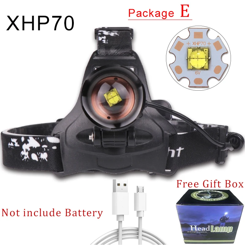 Package E Светодиодный головной светильник XHP70.2 USB Перезаряжаемые фары XHP70/XHP50 головной светильник зум налобный фонарь головки вспышки света светильник Водонепроницаемый - Испускаемый цвет: Package E