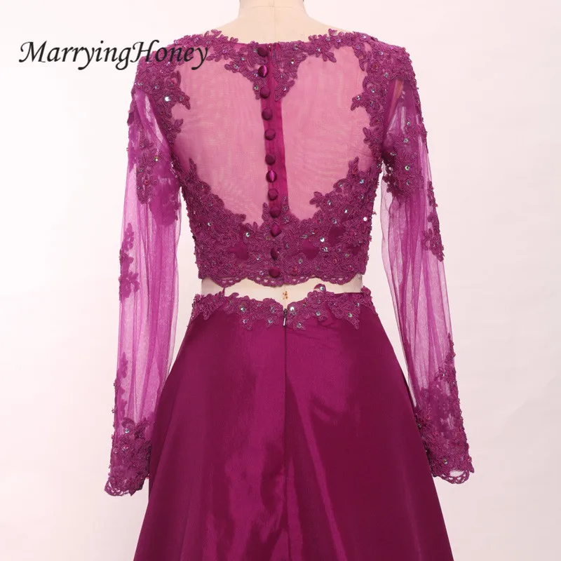 Sexy Sheer Long Sleeve Illusion Back Prom Dresses 2017 Crystal Lace A-line Purple Evening Gowns Vestido De Festa | Свадьбы и
