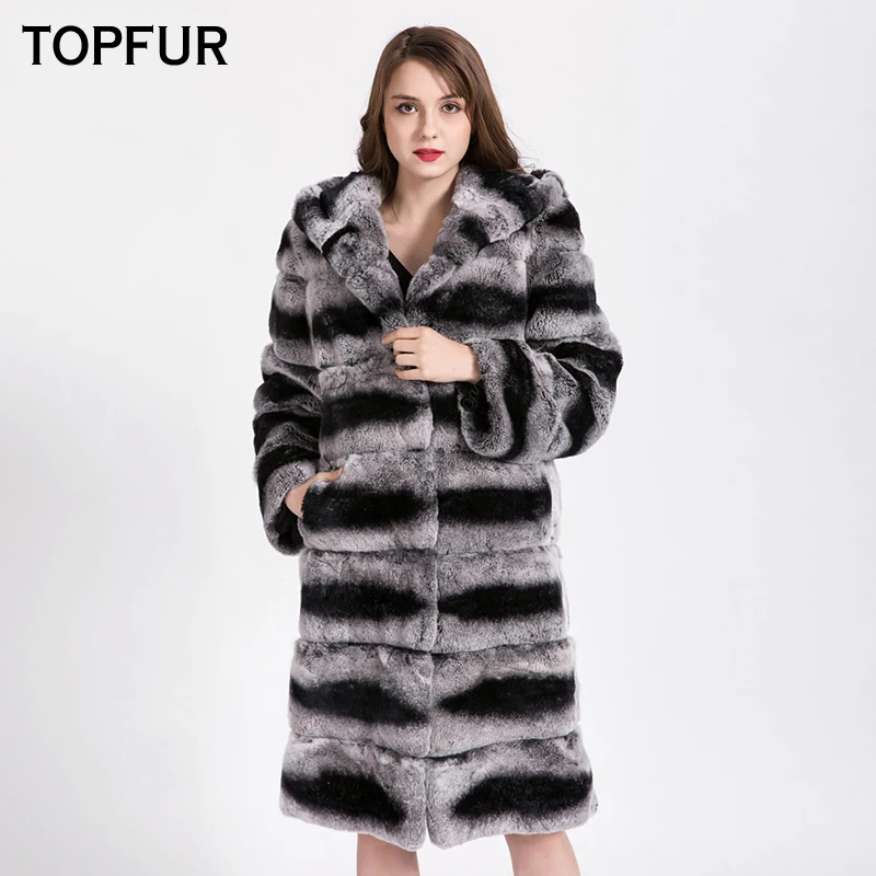 TOPFUR New Arrival Top Quality Genuine Rex Rabbit Fur Coat For Women With Fur Hood Natural Real Rex Rabbit Fur Coat 1751