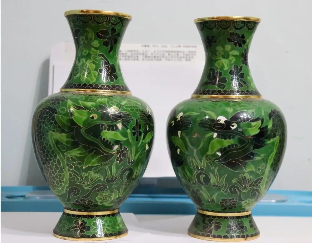

Chinese Copper Two Dragon Xi Zhu Cloisonne Flower Vase Vases A Pair
