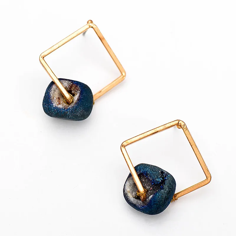 WILD &amp FREE Women Blue Natural Stone Stud Earrings Vintage Gold Square Alloy Hollow Out Jewelry Gift | Украшения и аксессуары