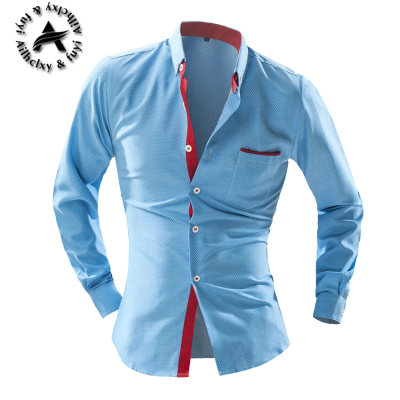 Мужская приталенная рубашка в горошек с длинным рукавом|camisa masculina|mens polka dot shirtdress