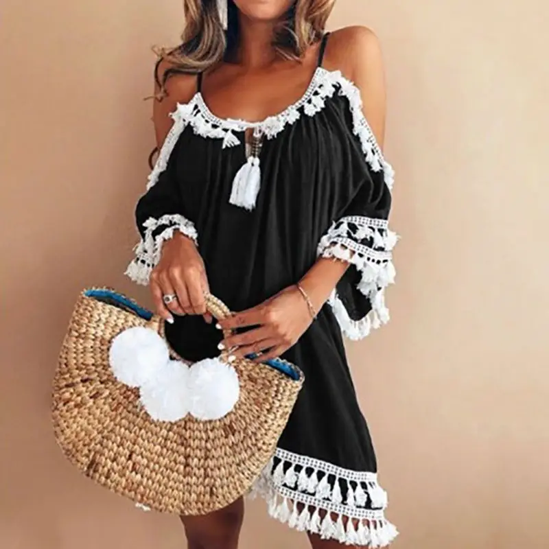 black patchwork Женское сексуальное мини-платье с открытыми плечами, летнее модное платье с кисточками и открытой спиной, Vestidos, повседневное пляжное платье на бретельках без бретелек - Цвет: black patchwork