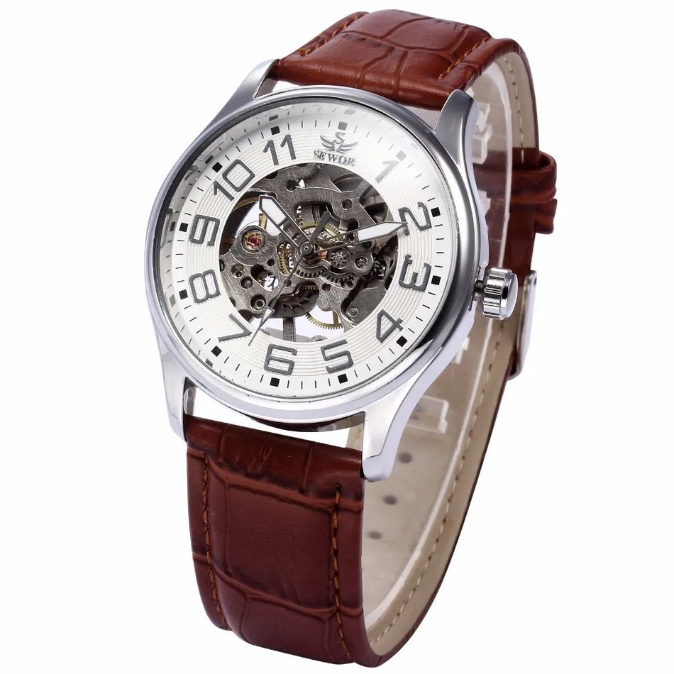 SEWOR Top Brand Black Skeleton Mechanical Watch Men Leather Wristwatches Casual Watches Clock Montre Homme Relogio Masculino | Наручные