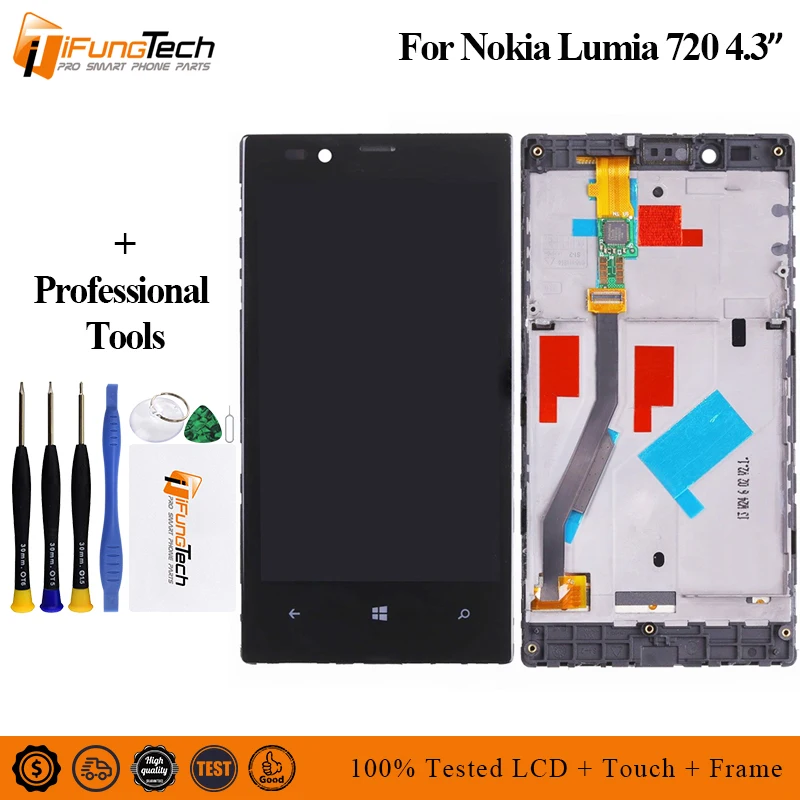 100% Test For Nokia Lumia 720 N720 Touch Screen Digitizer Sensor Glass + LCD Display Panel Module Assembly With Black Frame | Мобильные