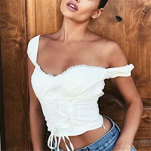 Летний женский топ с открытыми плечами, повседневный топ без рукавов, белая рубашка, кружевные топы, женская футболка, Повседневная футболка без рукавов