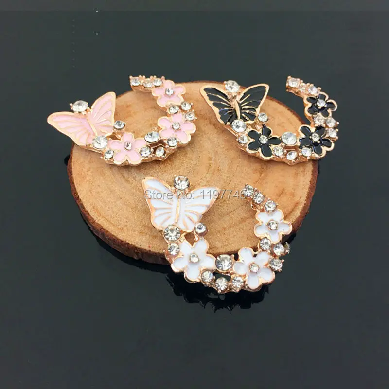 

Pink Black White Enamel Butterfly Flower With Crystal Flat Back Buttons Embellishment For DIY Phone Case Decor 25x32mm 10pcs