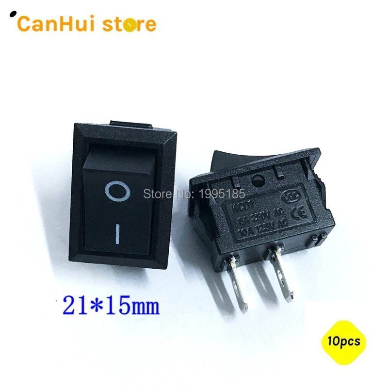 

10 шт. 21*15 мм SPST 2PIN переключатель рокера вкл./выкл. Для лодки 6A/250VAC, приборная панель для автомобиля, грузовика, фургона, дома, в потере 15х21 черный