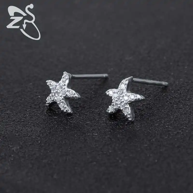 ZS Crystal Stud Earrings Fashion Jewelry Piercing Real 925 Sterling Silver Starfish AAA Cubic Zirconia Small Ear Pin | Украшения и