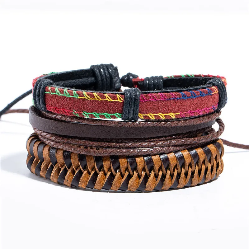 B020449B BOHO Тибет Металлический Камень Бисер Многослойный Кожаный Браслет Браслеты Звено Цепи Браслеты для Мужчин Старинные Панк Wrap Браслет - Окраска металла: B020449B