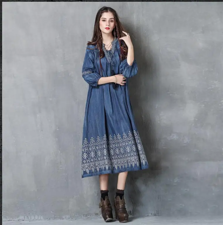 2019 женское свободное джинсовое платье винтажная вышитая лампа рукав богемное