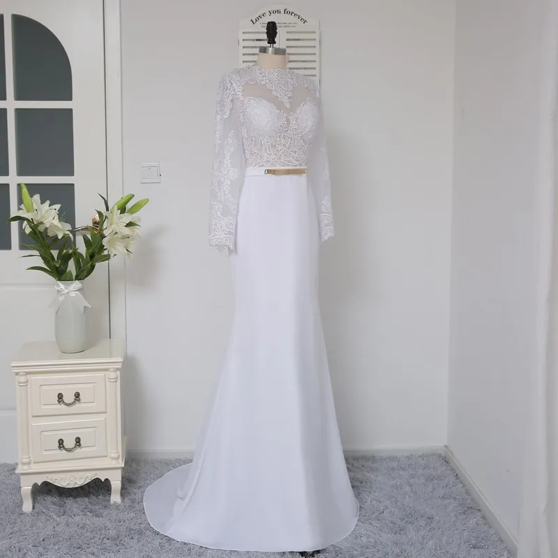 Vestidos De Noiva Casamento Robe Оболочка Высокий воротник одежда с длинным рукавом кружевные