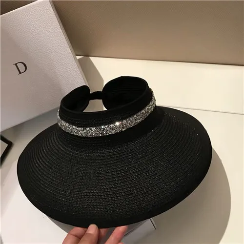 black bowknot 01905-fu58666 Новая летняя блестящая Алмазная лента без соломы женская солнцезащитная Кепка женская пляжная шляпа для отдыха и отдыха - Цвет: black bowknot