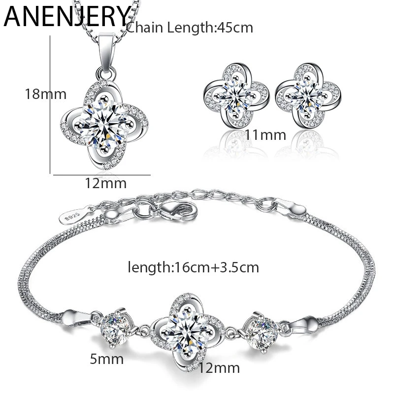 ANENJERY 925 пробы Серебряные Ювелирные наборы для женщин Forever Love Твист Цветок Циркон ожерелье+ серьги+ кольцо Свадебные ювелирные изделия