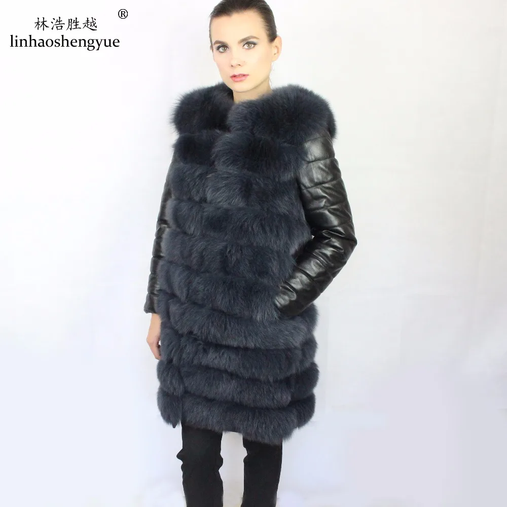 Linhaoshengyue 2017 HOT Selling 100% Fox Fur Women Coat with Leather Sleeves Warm Fashion  Detachable Sleeves