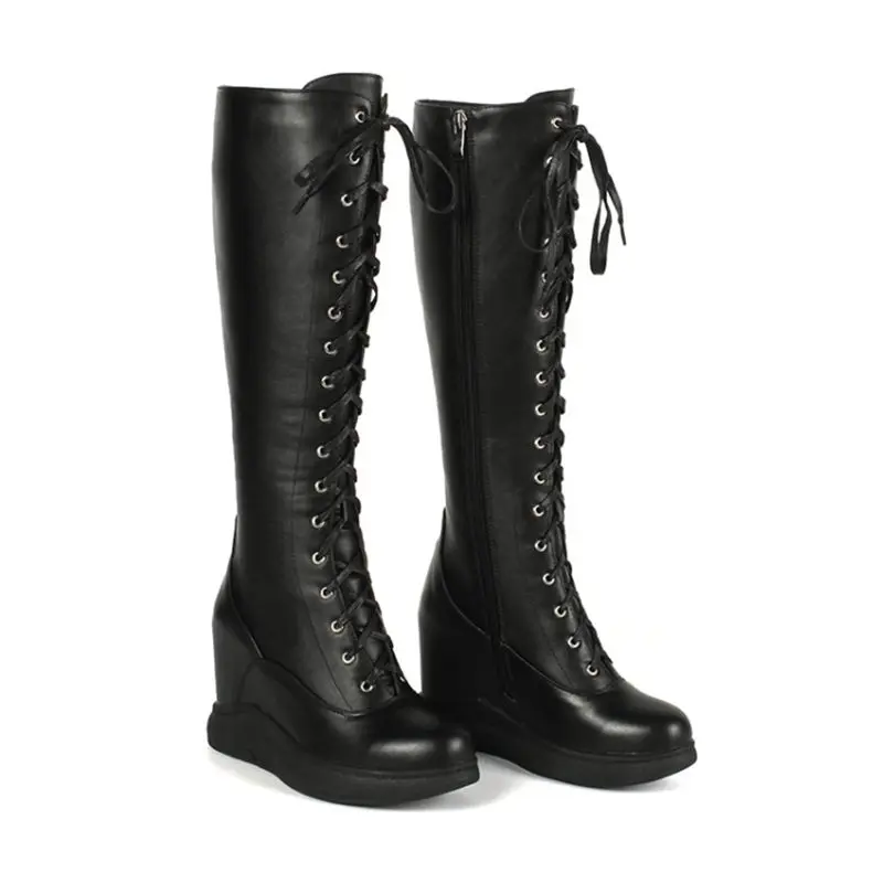 Thigh High Boots Women Genuine Leather Lace Up Knee High Booties Wedges High Heel Tall Shaft Punk Sneakers Winter Punk Creepers - Цвет: black4 36cm height
