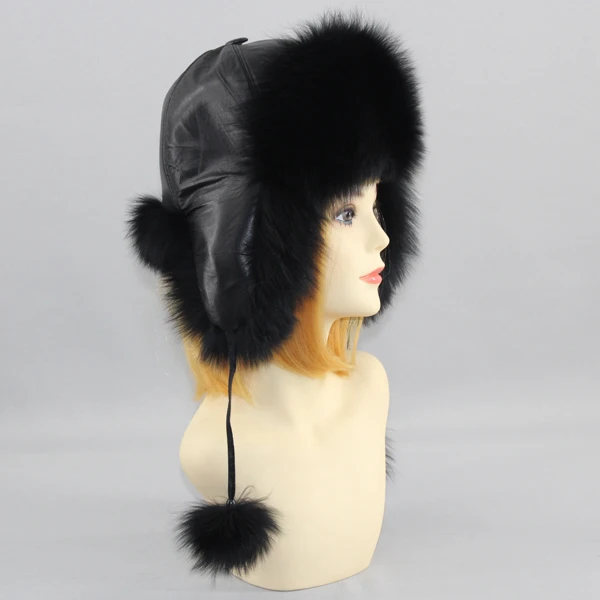 Hot Sell Genuine Fox Fur Hats Genuine Raccoon Fox Fur Russian Ushanka Cap Winter Quality Thick Warm Fox Fur Bomber Hat - Color: black