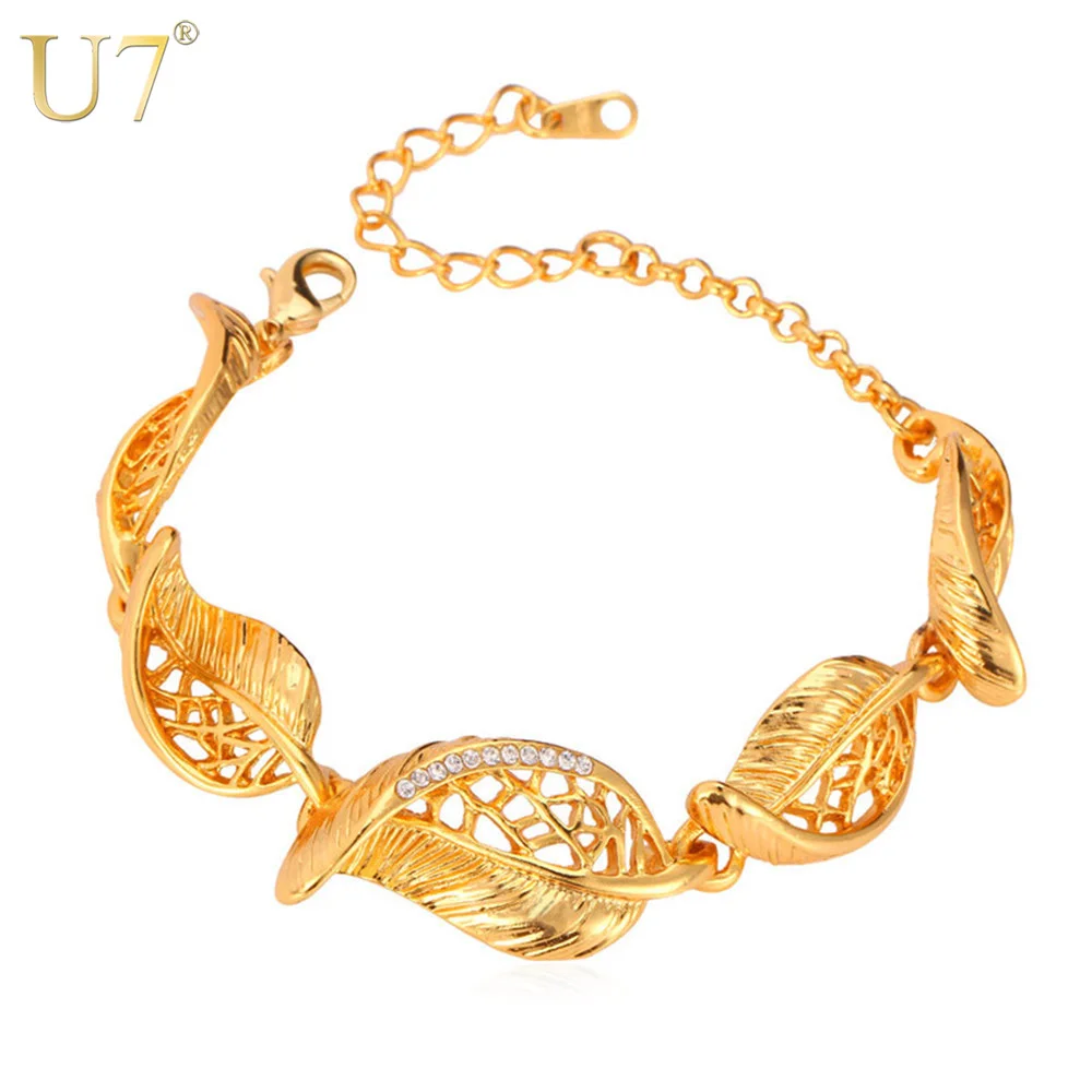 

U7 Gold Color Bracelet Trendy Women Jewelry Resizable Link Chain Plant Leaf Shape Rhinestone Charm Bracelet Gift H562