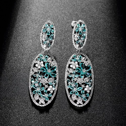 Luoteemi Новинка года Винтаж Silver-цвет зеленый Teardrop CZ Цветок Овальный заявление выдалбливают Серьги-гвоздики для Для женщин свадебный подарок - Окраска металла: GREEN