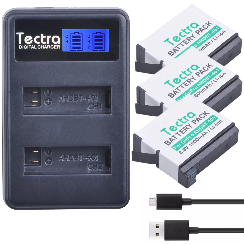 

Tectra 3PCS AHDBT-401 AHDBT 401 1600mAh Li-ion Camera Battery + LCD USB Dual Charger for GOPRO Hero4 Sport Action Camera