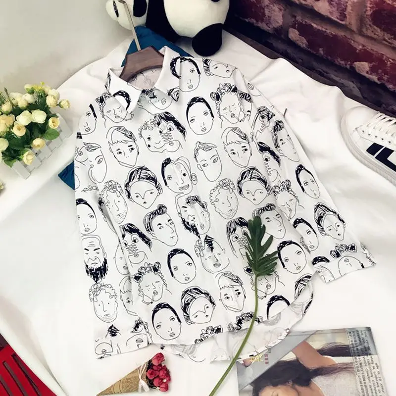Black and white print Single-breasted new cartoon long-sleeved woman on top Spring blouse |
