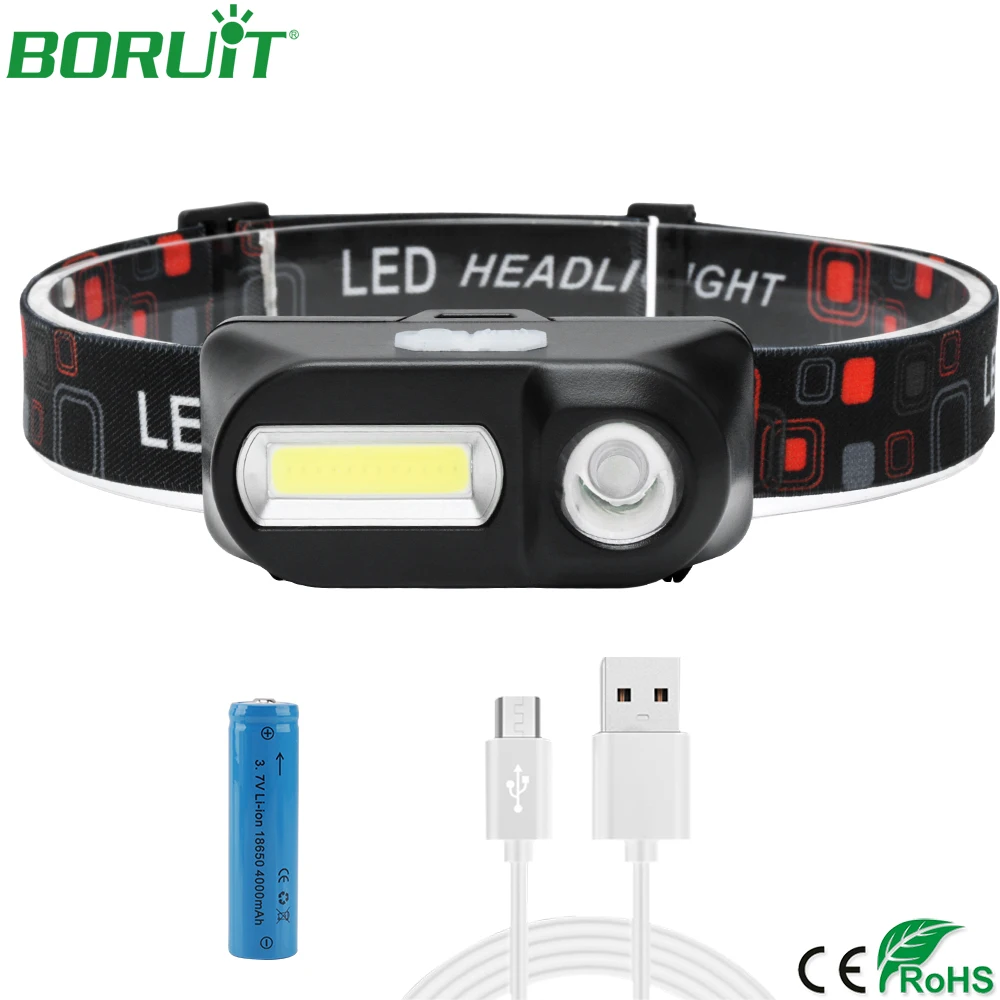 BORUiT COB XPE светодиодный мини налобный фонарь с зарядкой от USB, водонепроницаемый фонарь для кемпинга, рыбалки, налобный фонарь с аккумулятором 18650