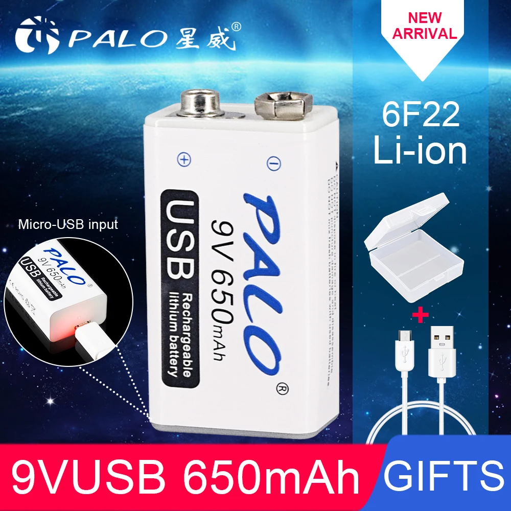 PALO 9V USB 6F22 батарея li-ion 650mAh аккумуляторная батарея для радиоуправляемого вертолета модель микрофона гитара Эквалайзер дымовая сигнализация мультиметр