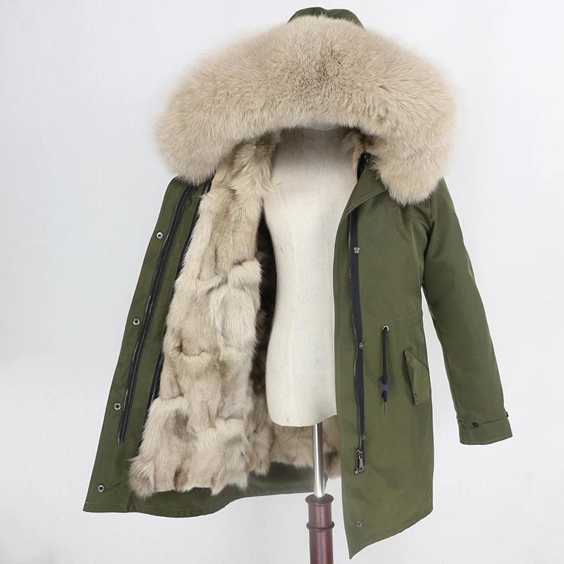 green beige Женское пальто со съемным мехом OFTBUY, бежевая непромокаемая длинная парка с натуральным лисьим мехом, верхняя одежда, зима - Цвет: green beige