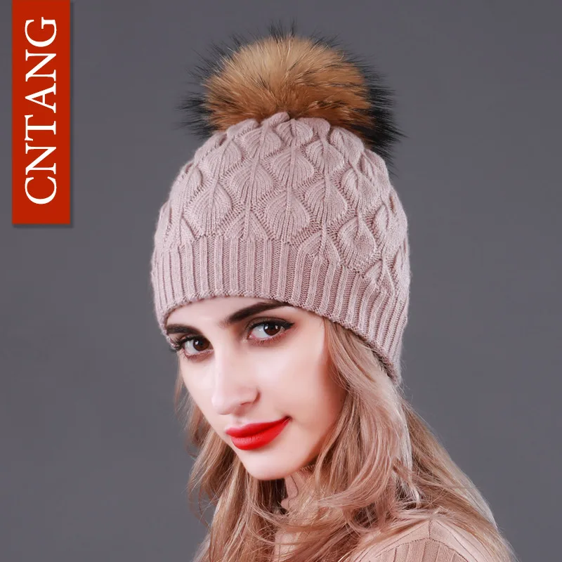CNTANG Double layer Thick Wool Knitted Hats For Women Natural Raccoon Fur With Pompom Caps Winter Warm Ladies Fashion Beanies - Цвет: Розовый