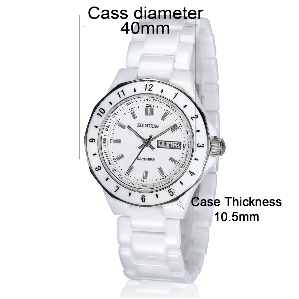 BINLUN роскошные керамические кварцевые часы для мужчин классический циферблат