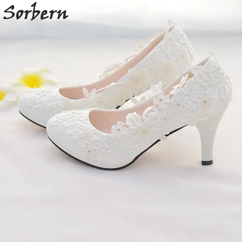 8cm Heel Sorbern/белые свадебные туфли с цветочным кружевом; свадебные туфли без застежки с круглым носком; женские туфли-лодочки на высоком каблуке; Закрытый круглый носок; 4,5 см/8 см - Цвет: 8cm Heel
