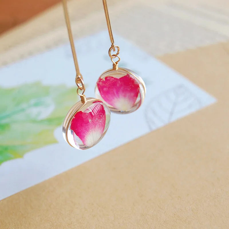 New Elegant Terrarium Glass Dried Flower Rose Petals Drop Earrings Women Boho Fashion Floating Locket Jewelry Accessories | Украшения и