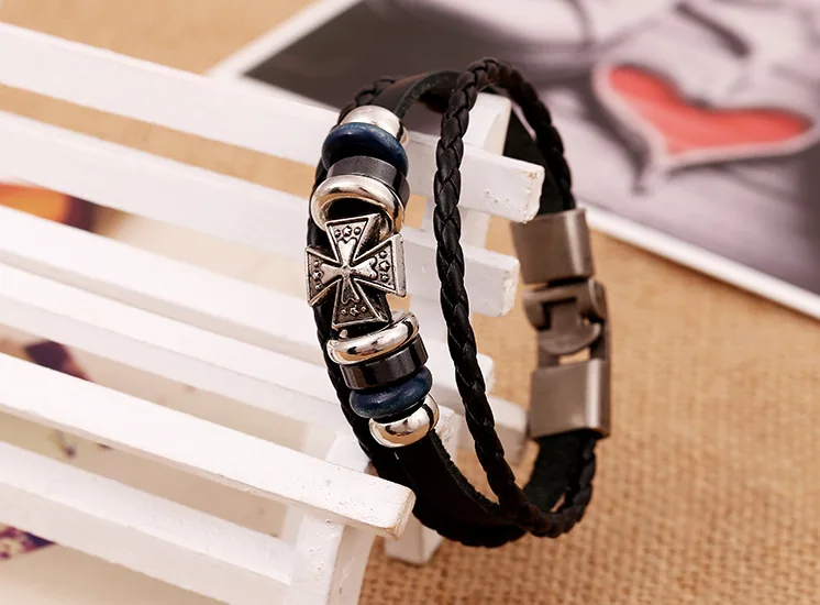 Модные Для Мужчин's Кожаные браслеты Винтаж круги Крест Очарование Плетеный