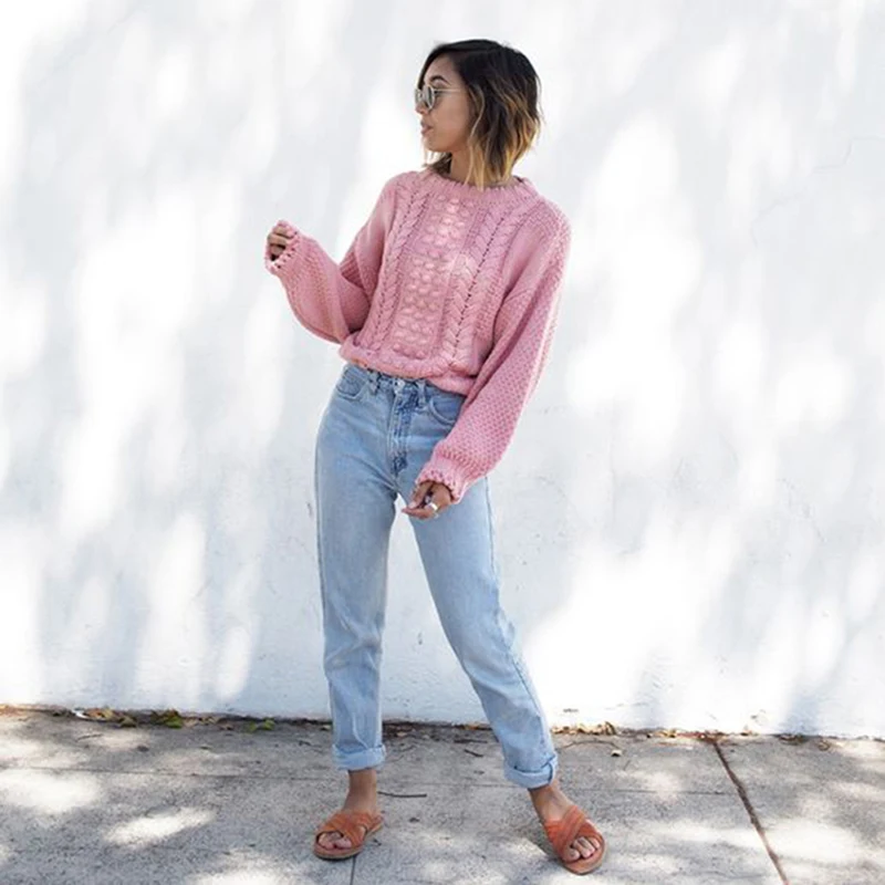Осень-зима однотонный розовый вязаный свитер женщин Повседневное пуловеры